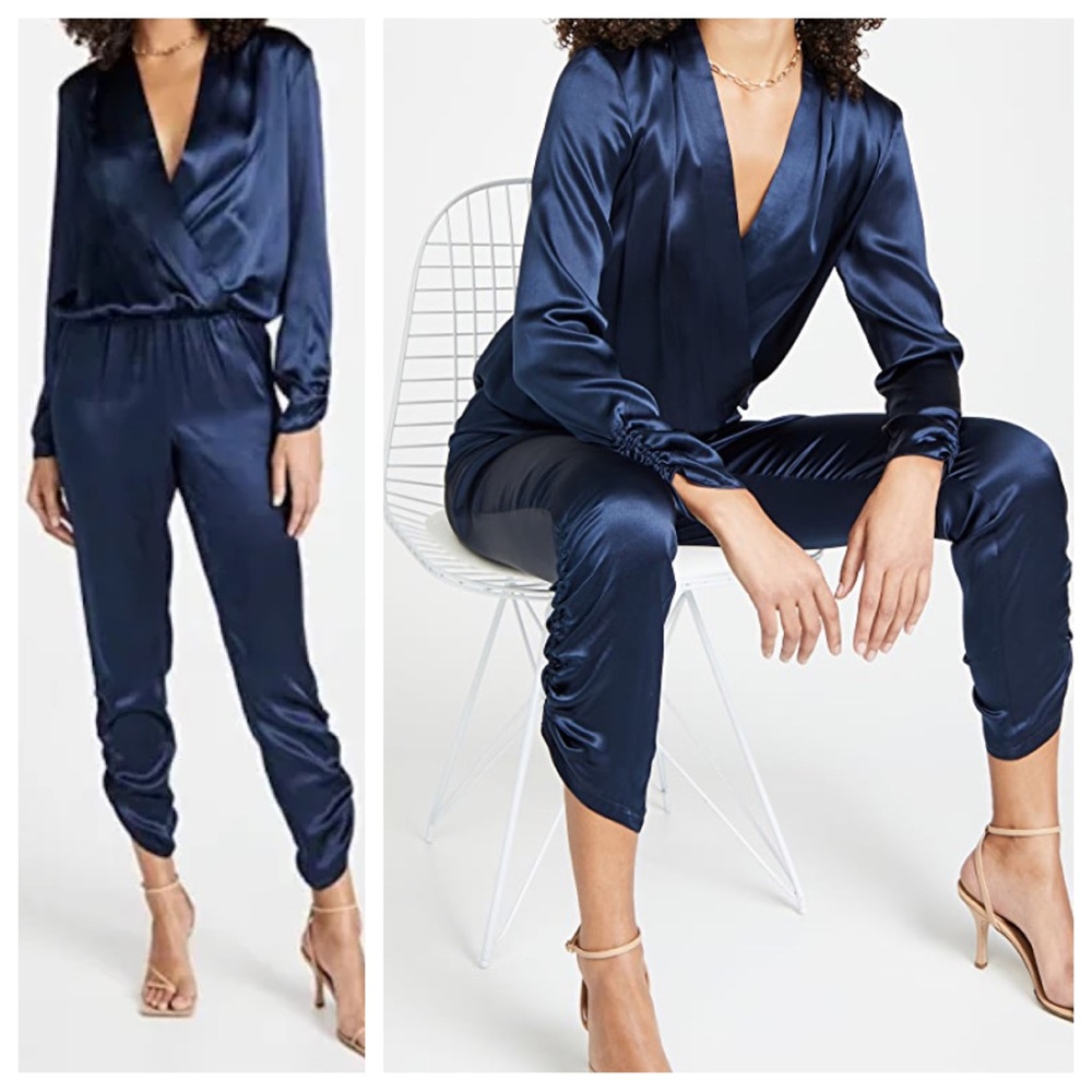 Amanda Uprichard Jadyn Navy Blue Silk Ruched Jumpsuit Size Large